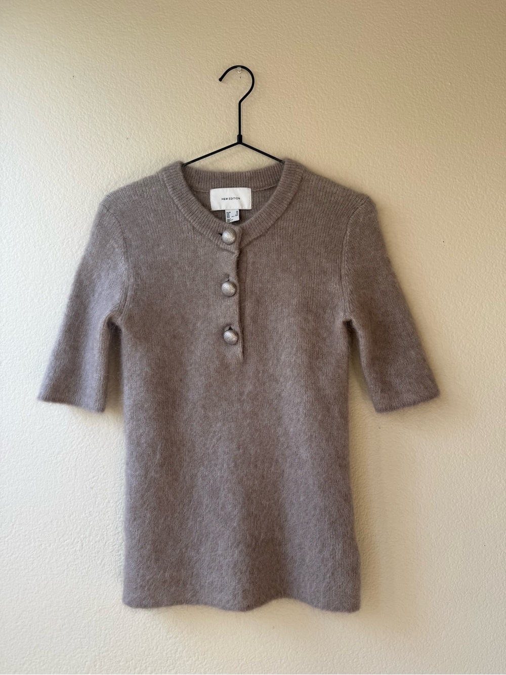 H&M Taupe Crewneck Sweater with Silver Pearl Buttons